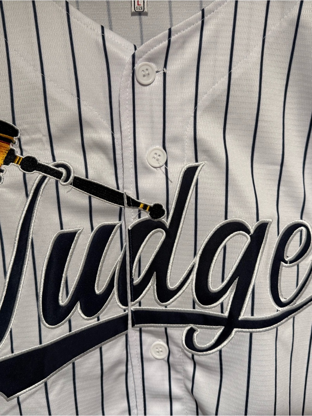 White Navy Pinstripe Script Baseball Jersey